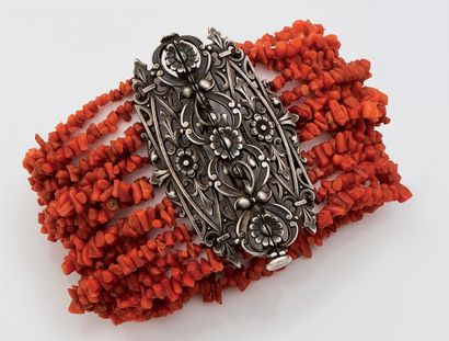 null Cuff bracelet with twelve rows of coral beads. The clasp is made of silver (?800°/00)...