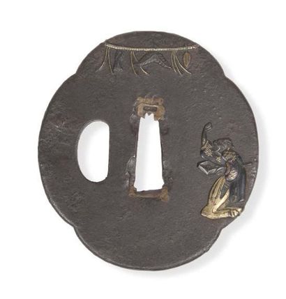 JAPON - Fin Époque EDO (1603 - 1868) 
Mokko gata en fer à décor incrusté de cuivre...