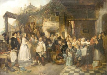 Entourage d'Henri LEYS (1815 - 1869) 
Scène de mariage
Huile sur panneau
53 x 70...