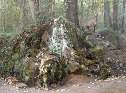 Eugène DEULLY (1860-1933) 
Biche sous bois
Huile sur toile, signée en bas à droite,...