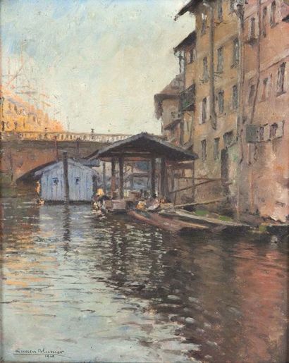 Lucien Charles BLUMER (1871-1947) 
Le canal, 1908
Huile sur toile signée et datée...
