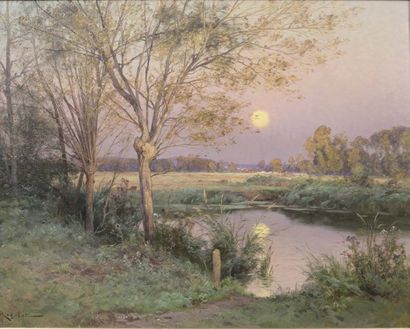 Albert Gabriel RIGOLOT (1862-1932) 
Coucher de soleil sur l'étang
Huile sur toile,...