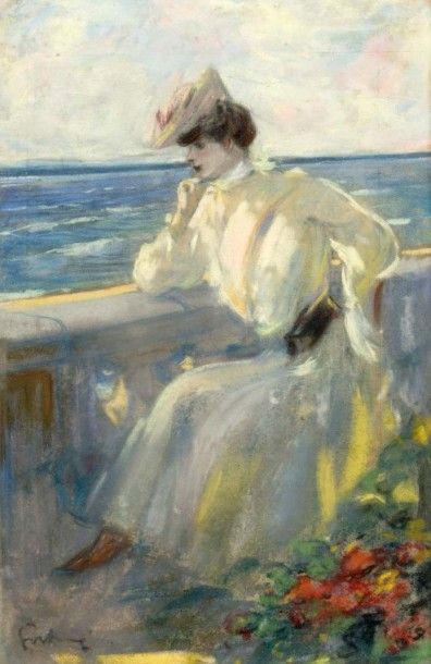 Louis FORTUNEY (1875-1951) 
Femme au balcon
Pastel
48 x 31 cm