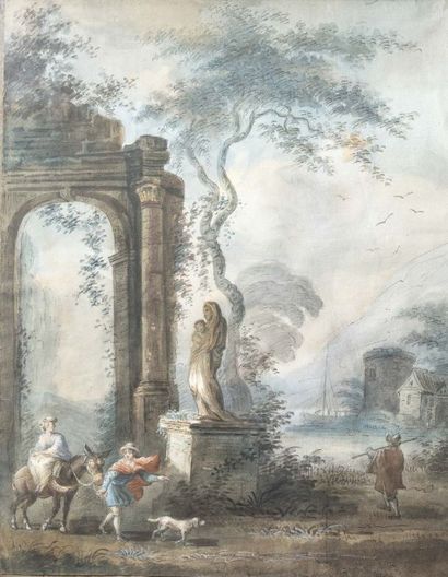 École FRANÇAISE de la fin du XVIIIème siècle 
Ruine animée
Encre et aquarelle 38,5...
