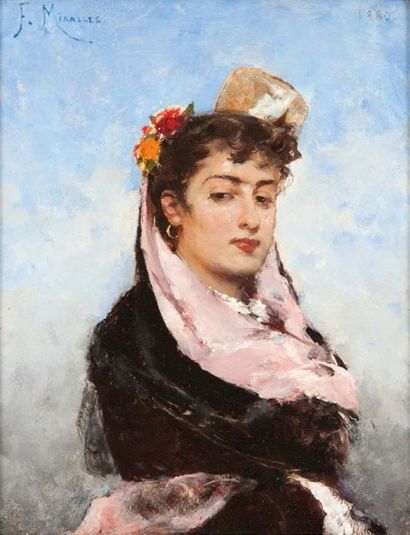 Francisco MIRALÈS (1848-1901) 
Portrait de femme
Huile sur panneau, signée en haut...