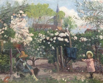 Charles Milcendeau (1872-1919) 
Personnages dans un jardin
Huile sur toile, signée...