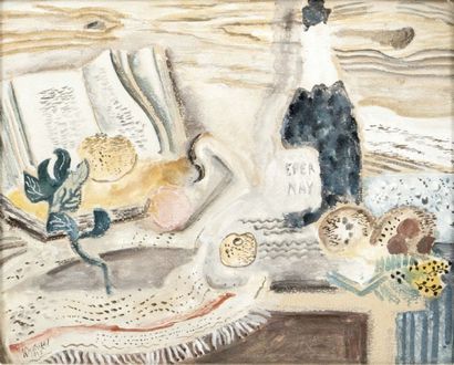 Jean Dubuffet (1901-1985) 
Nature morte sur un entablement, 1923
Gouache
Signée en...