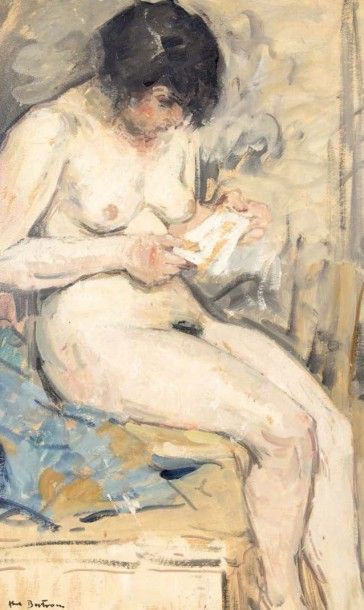 Abel BERTRAM (1871-1954) 
Femme lisant
Huile sur carton
Signée en bas à droite
50...
