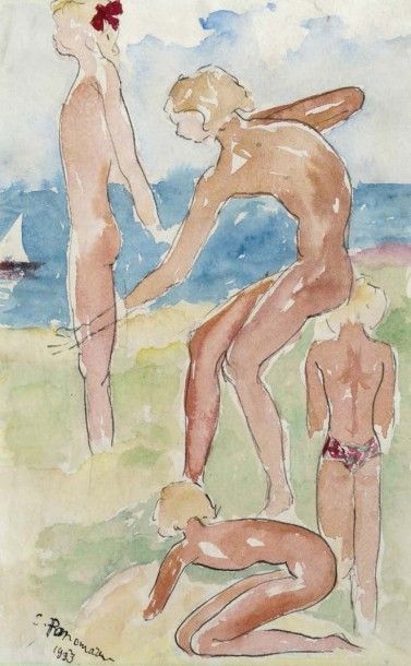 Serge PONOMAREW (1911-1984) 
Femmes au bain, nues
Aquarelle double face, signée en...
