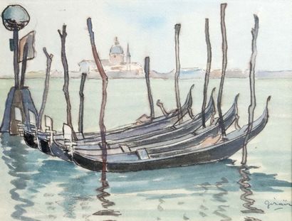 A.GIRAÏN (XXème siècle) 
Gondoles à Venise, circa 1950
Aquarelle
Signée en bas à...