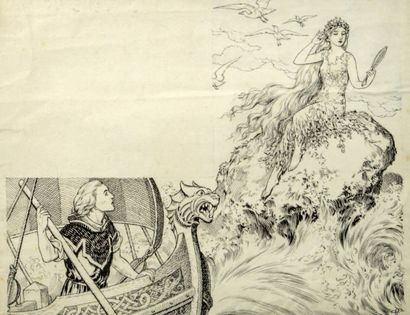 HÉROUARD 
«La Lorelei (la sirène du Rhin) sur son rocher»
Encre de Chine originale,...