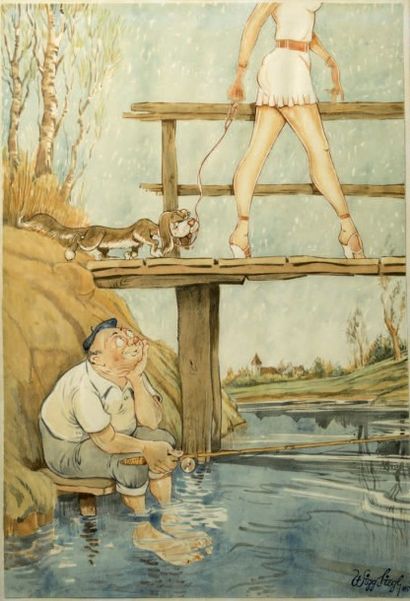 SIEGL Wigg (1911-1994) 
«Bonne Pêche»
Aquarelle originale, signée en bas à droite...