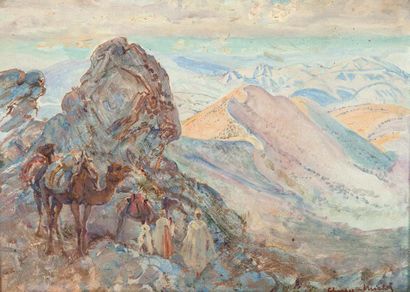 Charles MICHEL (1874-1967) 
Les caravaniers dans le désert
Huile sur panneau.
23...