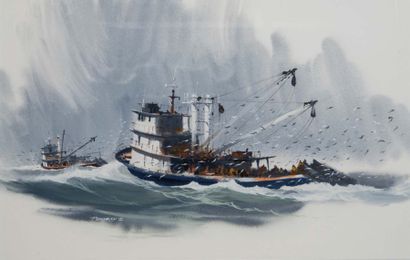 John PENDRAY (1937) 
Bateaux de pêche Trucs, mer de Marmara
Gouache, signée en bas...