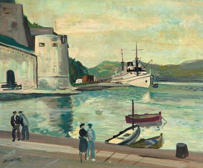 Jean DELDEVEZ (1909-1983) 
Navires au port
Huile sur isorel, signée en bas à gauche.
48...