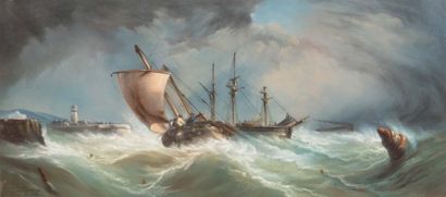 E.LOUIS 
Pêcheurs dans la tempête
Huile, signée en bas à gauche
36 x 80 cm