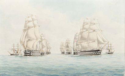 Eugène GRANDIN (1833-1916) 
L'escadre Française en formation.
Aquarelle signée en...
