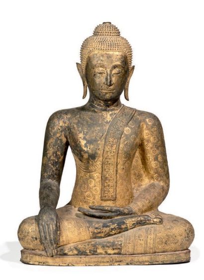 THAILANDE, Ratanakosin - Vers 1900 Grande statue de bouddha Akshobya en bronze à...