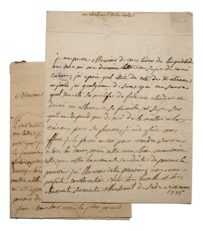 null Lettres de Madame de Sade datée de Mars 1775, recherchant le serviteur à tout...