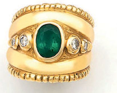 null Bague «bandeau» en or jaune 18K (750°/00) moulurée ciselée de godrons et ornée...