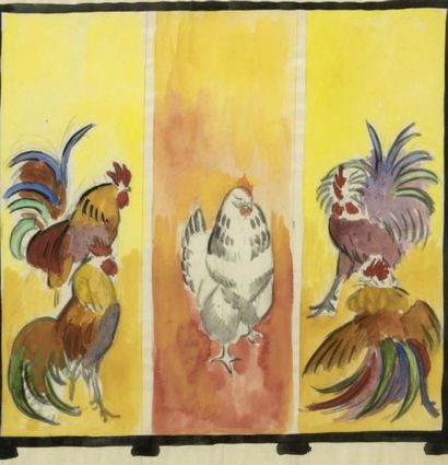 Georges Lucien GUYOT (1885-1973) 
Etude pour un paravent
Triptyque de poules et coqs
Aquarelle.
Dimensions:...