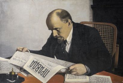 ANONYME 
Lénine lisant La Pravda
Huile sur toile
Non signée
Dimensions: 65 x 95 ...
