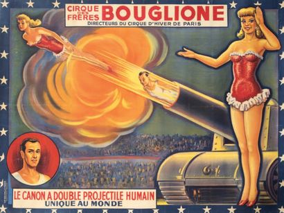 null CIRQUE BOUGLIONE
Le canon à double projectile humain
120x160cm.
Affiche entoilée...