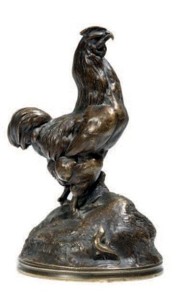 Auguste CAIN (1821- 1894) d'après 
Coq sur son rocher
Epreuve en bronze à patine...