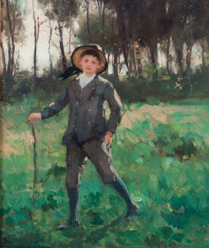 Alfred Philippe ROLL (1846-1919) 
Jeune garçon dans le parc
Huile sur toile signée...