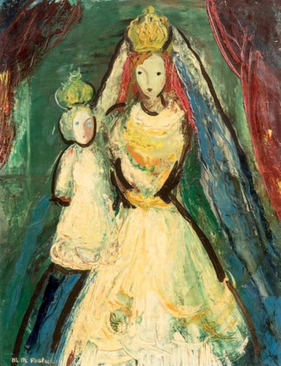 MICHEL MARIE POULAIN (1906-1991) 
Madone à l'enfant, 1944
Huile sur toile.
Signée...