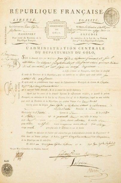 null [CORSE/1795].
Passeport pour sortir du territoire de la République française...