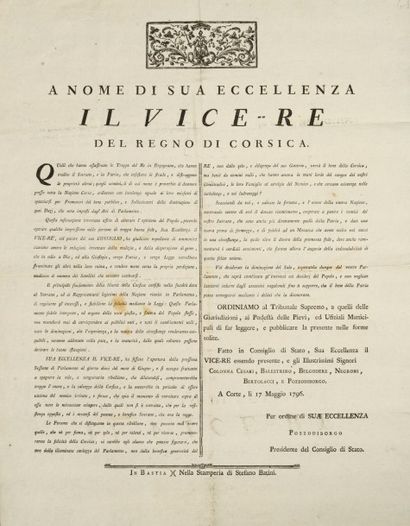 null [CORSE/1796].
A nome di Sua Eccellenza il Vice-Re del Regno di Corsica [...]....