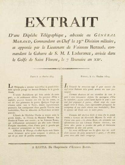null [CORSE/1805].
Extrait d'une dépêche télégraphique, adressée au Général Morand,...