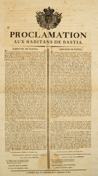 null [CORSE/1814].
Proclamation aux habitans de Bastia [...]. [In fine:] Au Quartier-général...