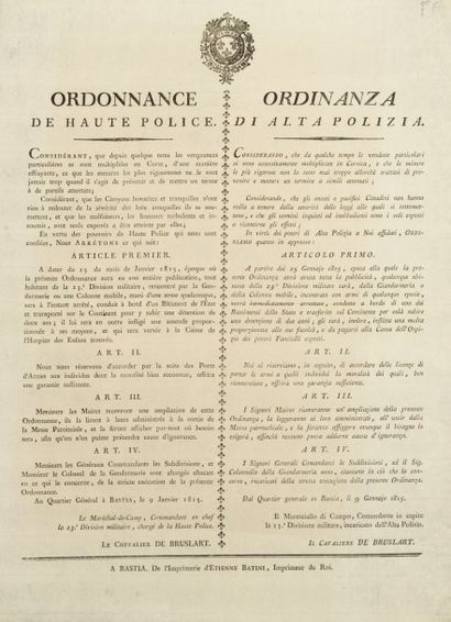 null [CORSE/1815].
Ordonnance de Haute Police [...]. [In fine:] Au Quartier Général...