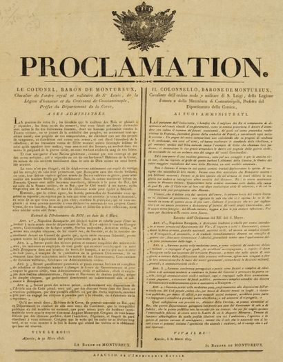 null [CORSE/1815].
Proclamation. Le Colonel, Baron de MONTUREUX [...] Préfet du Département...