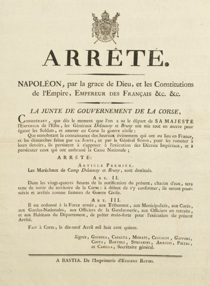 [CORSE/1815].
Arrêté. Napoléon, par la grace...