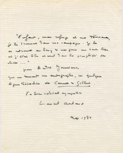 PRIX GONCOURT 
Réunion de 5 pièces autographes signées.
- ARLAND Marcel.
Pièce autographe...