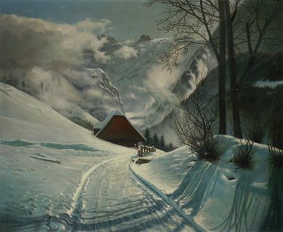 Ecole FRANEAISE « Paysage de neige et montagne par pleine lune » Huile sur toile...