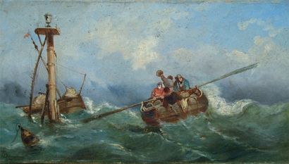 Arthur TOMSON (1858-1905) « Chaloupe recueillant des naufragés » Huile sur toile....