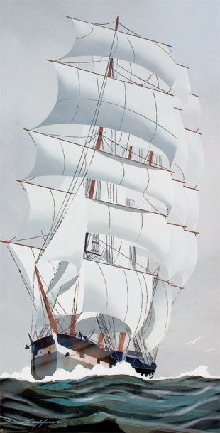 Léon HAFFNER (1880-1972) Peintre de la Marine « Trois-mâts carré marchant grand largue...