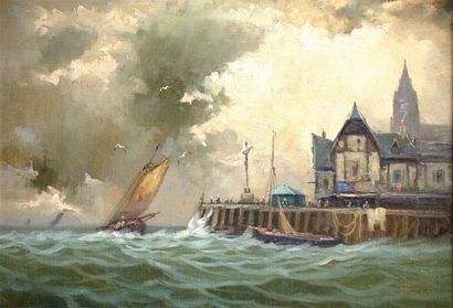 Albert HIRTZ (XIXe-XXe siècle) « Entrée de port au calvaire » Huile sur toile, signée...