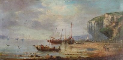 Pierre-Julien GILBERT (1783-1860) « Bateaux de pêche sur la grève près d'une falaise...