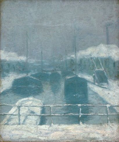 J. TIMMERMANS (1906-1991) « Canal et péniches sous la neige » Huile sur carton, signée...