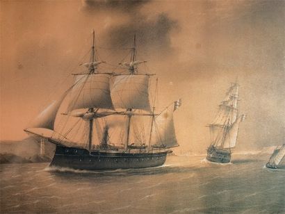 Etienne PAYEN (1811-1889) « Navire de guerre mixte croisé par un trois-mâts sous...