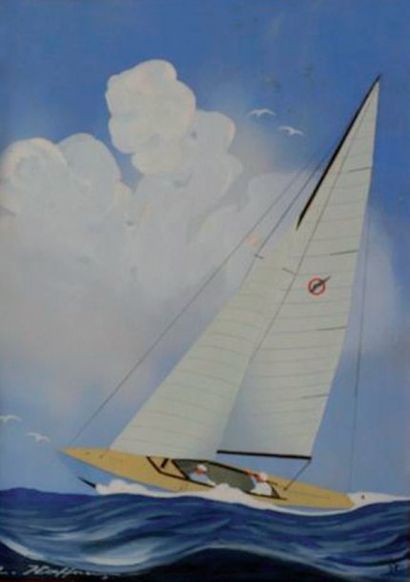 Léon HAFFNER (1881-1972) « Yacht en régate » Gouache au pochoir, signée en bas à...