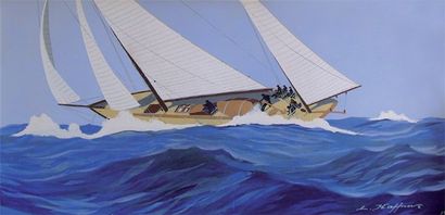 Léon HAFFNER (1881-1972) « Yacht vu par babord » Gouache au pochoir, signée en bas...