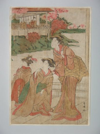 null Estampe de Toyokuni I, trois jeunes femmes sur une engawa.Vers 1797.