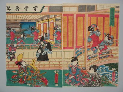 null Estampe de Toyokuni III, diptyque, réunion de danseuses dans un palais. 185...