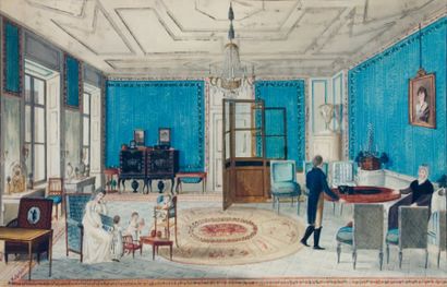 Ecole Française vers 1830 « Intérieur bourgeois » Gouache et aquarelle. Non signée...